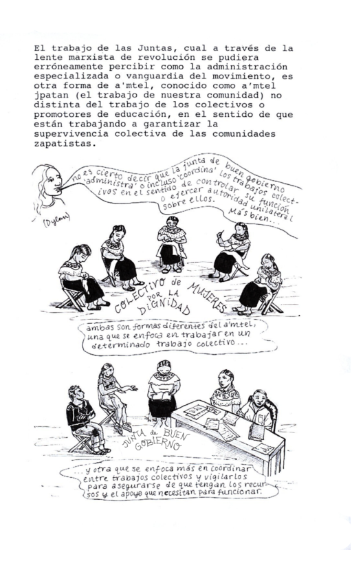 El trabajo de las Juntas, cual a través de la lente marxista de revolucién se pudiera erréneamente percibir como la administracién especializada o vanguardia del movimiento, es otra forma de a’mtel, conocido como a‘mtel jpatan (el trabajo de nuestra comunidad) no distinta del trabajo de los colectivos o promotores de educacién, en el sentido de que estan trabajando a garantizar la supervivencia colectiva de las comunidades zapatistas.  ) una que se enfod en trabajaren un  ~y otra que se enfoca mds € Coordinar,  Sintre cvawacs colectinos y vig:larias  - Uhars asegurarse 3¢ aus fengan (o¢ recur- 15 e o1 Shouo que necesizan Ak funcionat:  